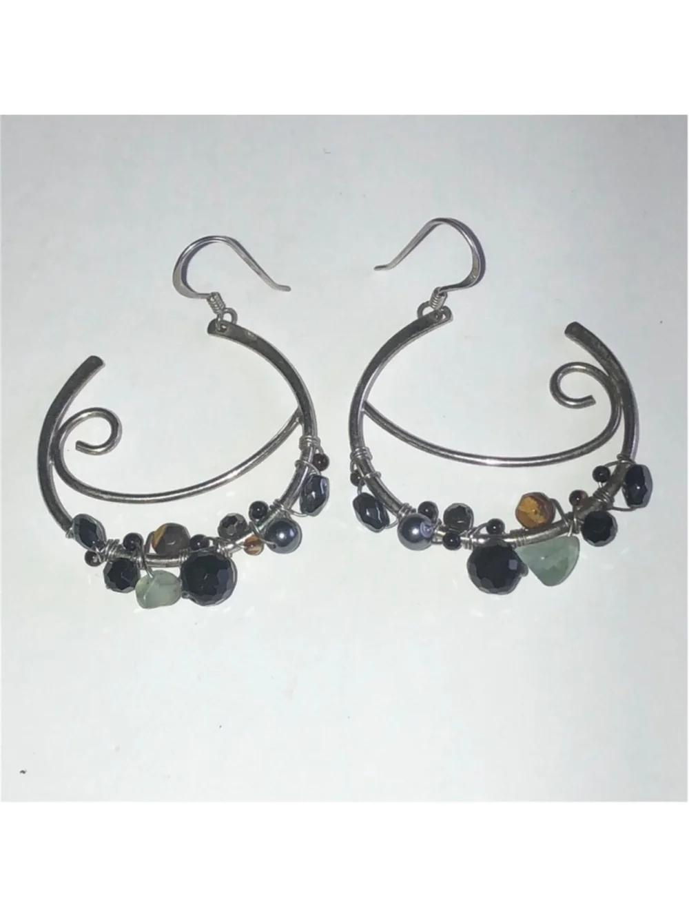 Elegant Sterling Silver Hoop Earrings with Black and Green Accents